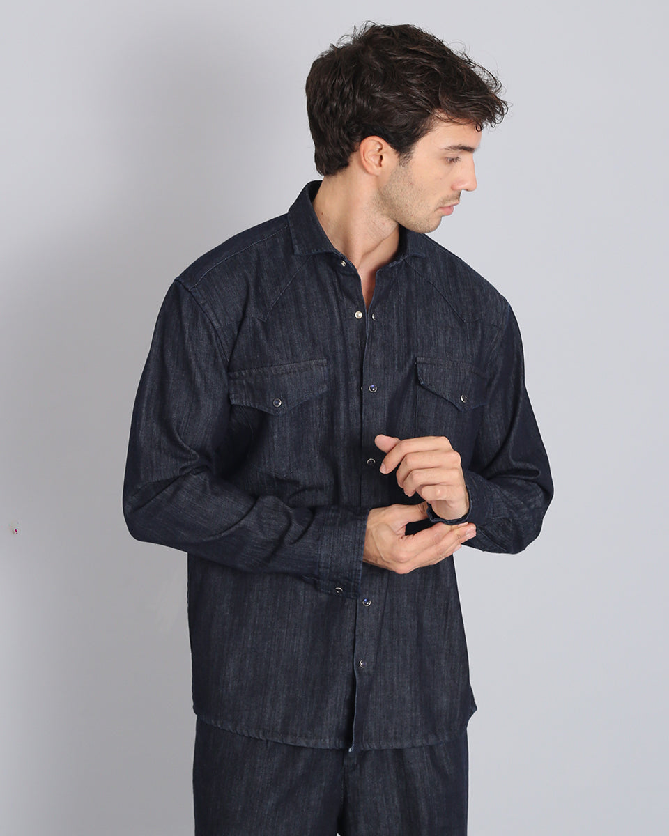 Camicia Denim con Bottone in Madreperla