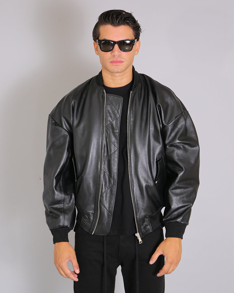 Msm Studio Black Oversized Leather Bomber Jacket