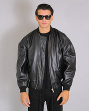 Msm Studio Black Oversized Leather Bomber Jacket