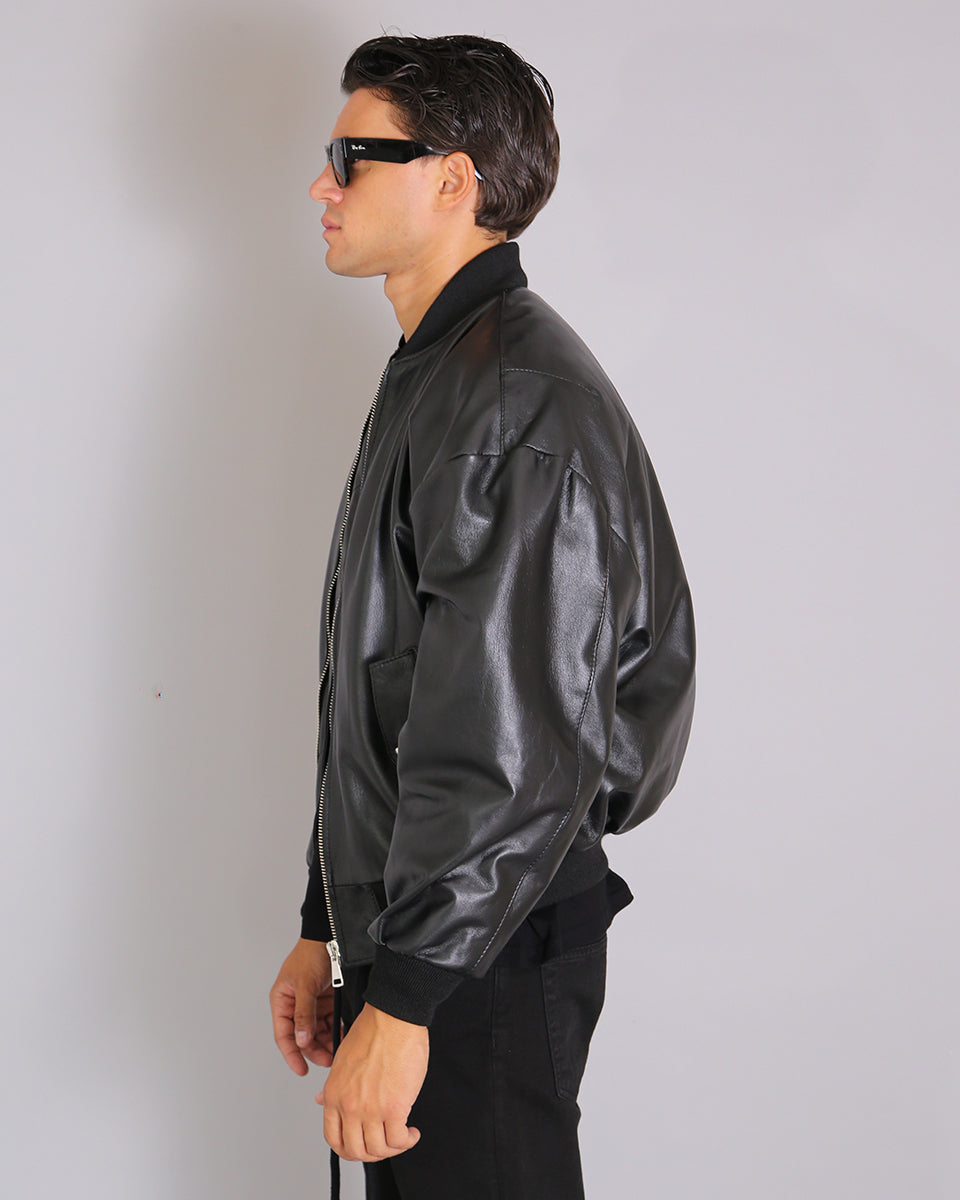 Msm Studio Black Oversized Leather Bomber Jacket