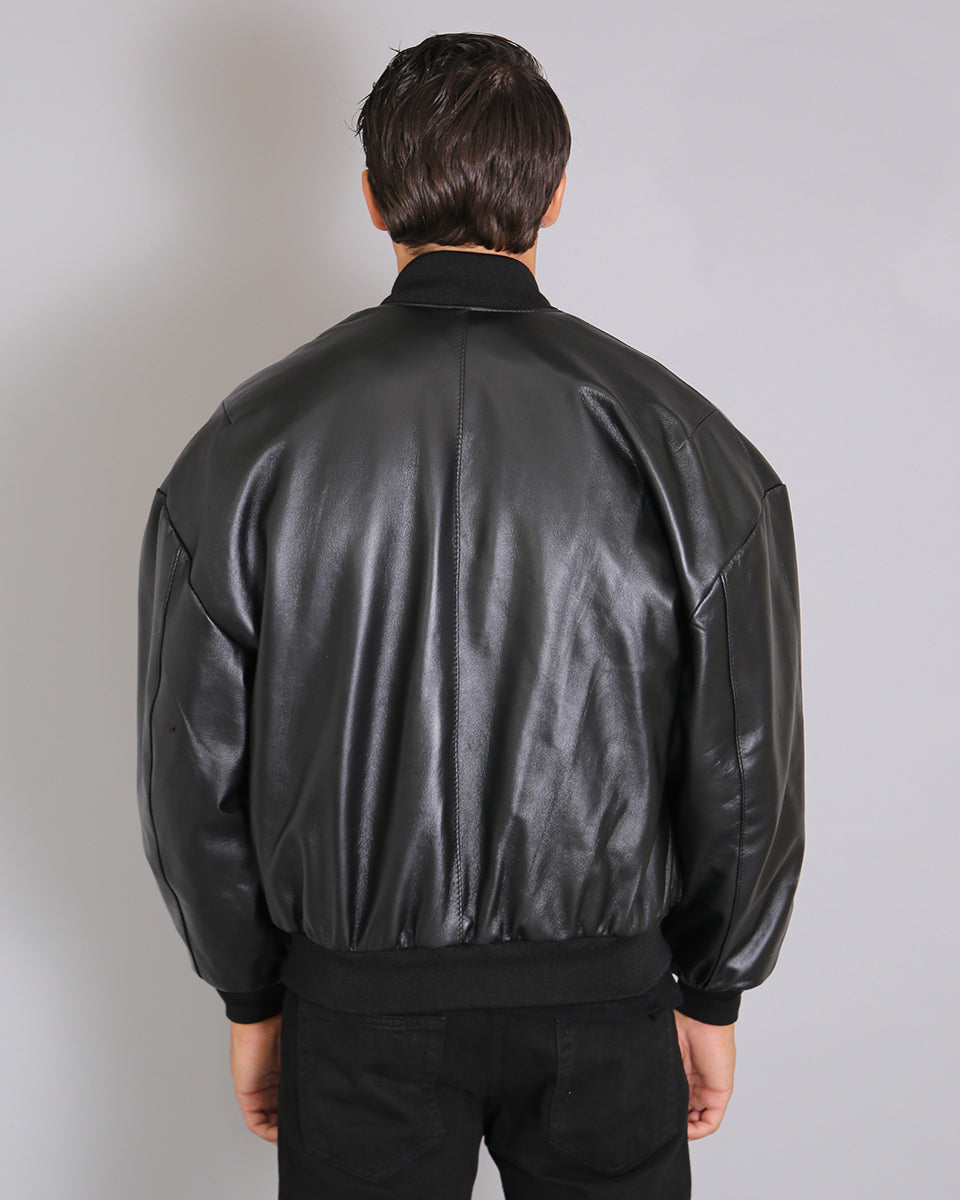 Msm Studio Black Oversized Leather Bomber Jacket