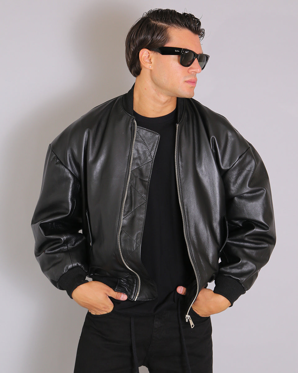 Msm Studio Black Oversized Leather Bomber Jacket