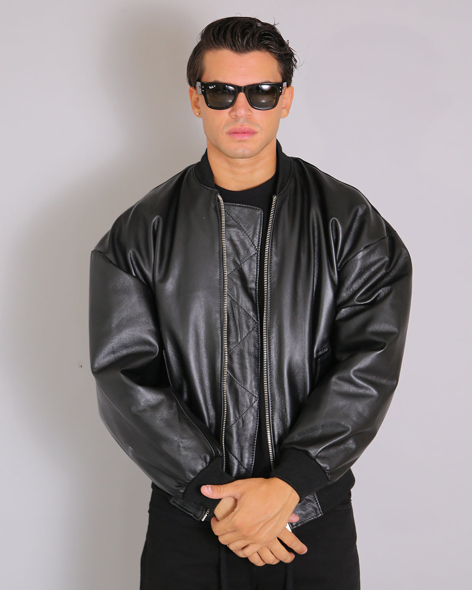 Msm Studio Black Oversized Leather Bomber Jacket