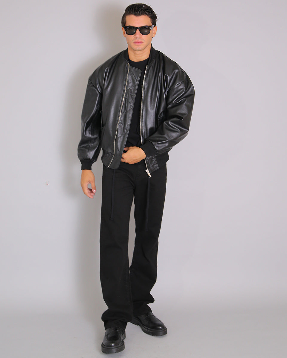 Msm Studio Black Oversized Leather Bomber Jacket