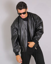 Msm Studio Black Oversized Leather Bomber Jacket