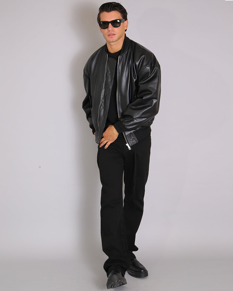 Msm Studio Black Oversized Leather Bomber Jacket