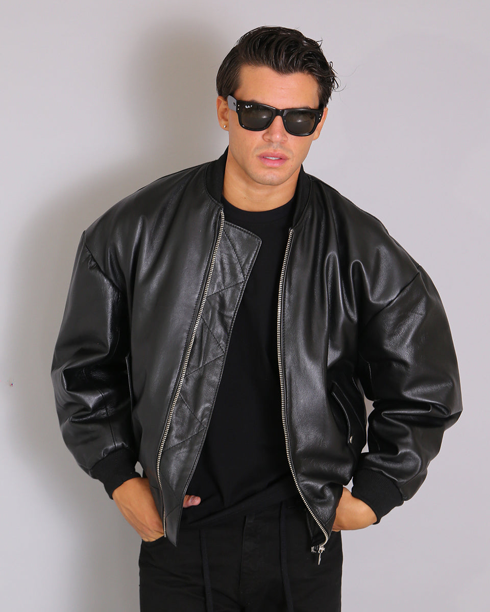 Msm Studio Black Oversized Leather Bomber Jacket