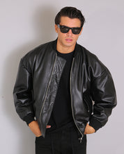 Msm Studio Black Oversized Leather Bomber Jacket