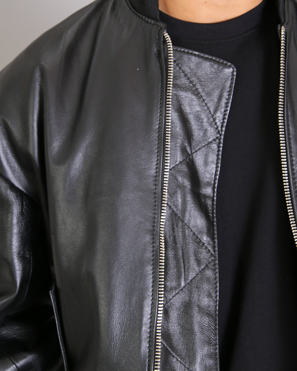 Msm Studio Black Oversized Leather Bomber Jacket