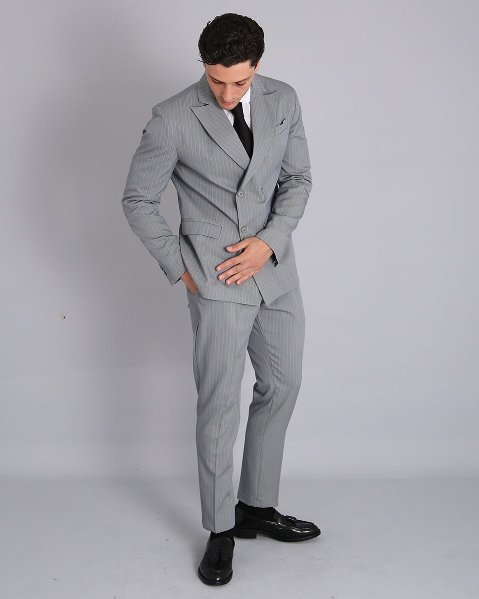 Double-breasted Tailored Suit Grey Pinstripe