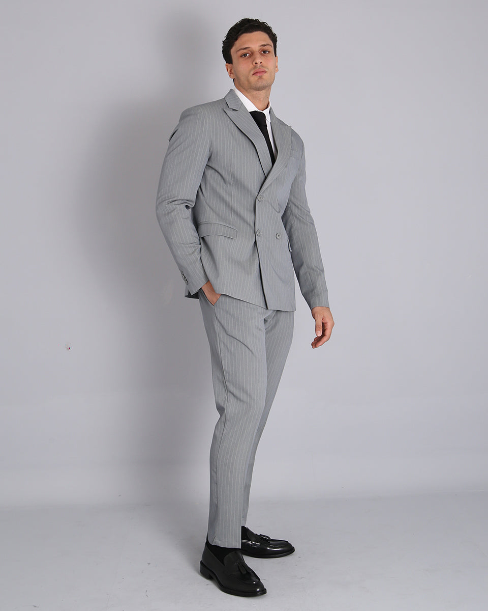 Double-breasted Tailored Suit Grey Pinstripe