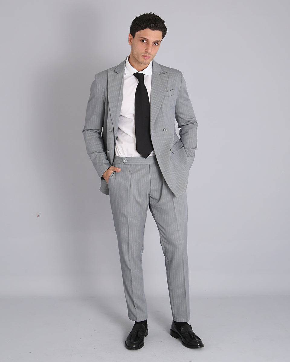 Double-breasted Tailored Suit Grey Pinstripe