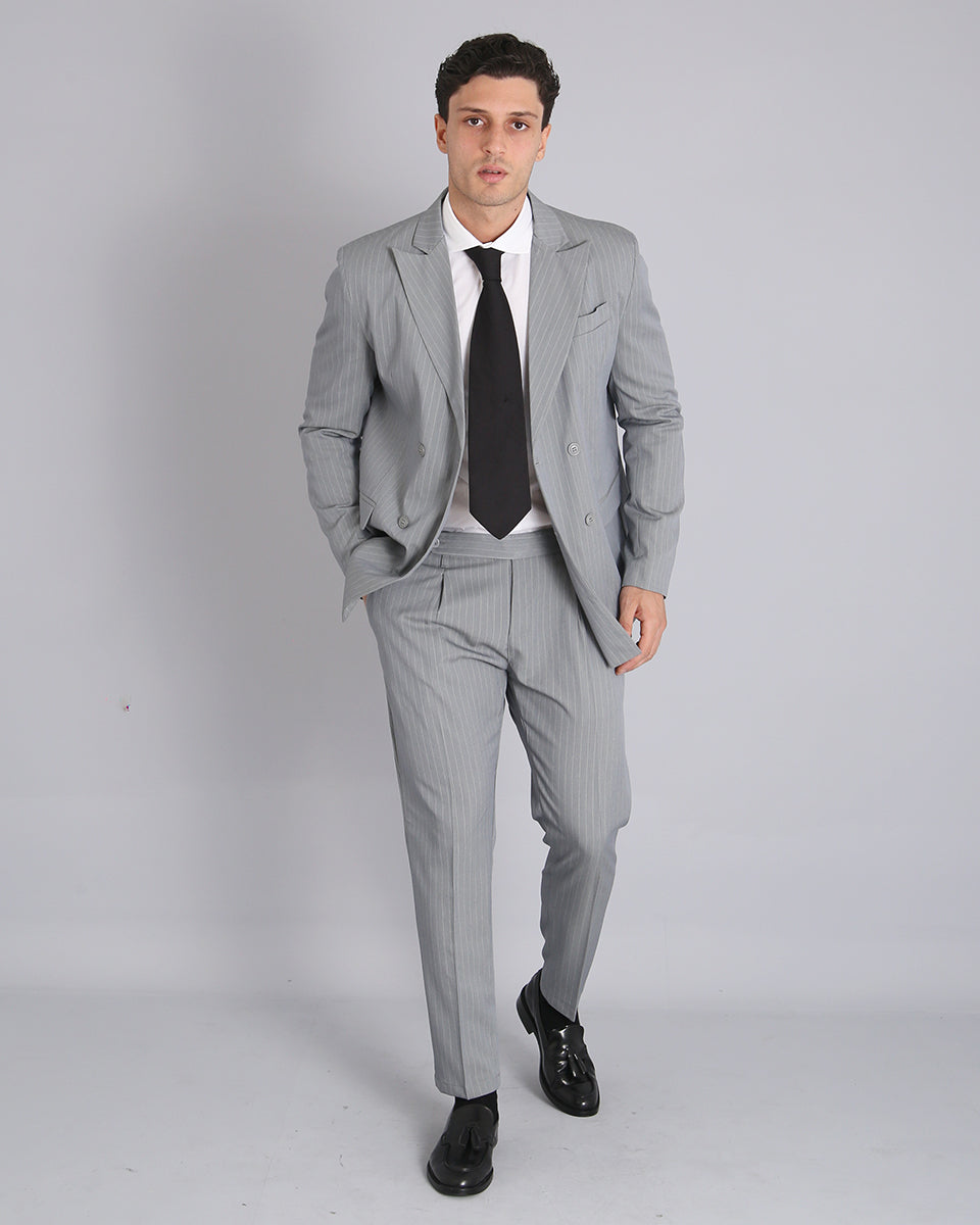 Double-breasted Tailored Suit Grey Pinstripe