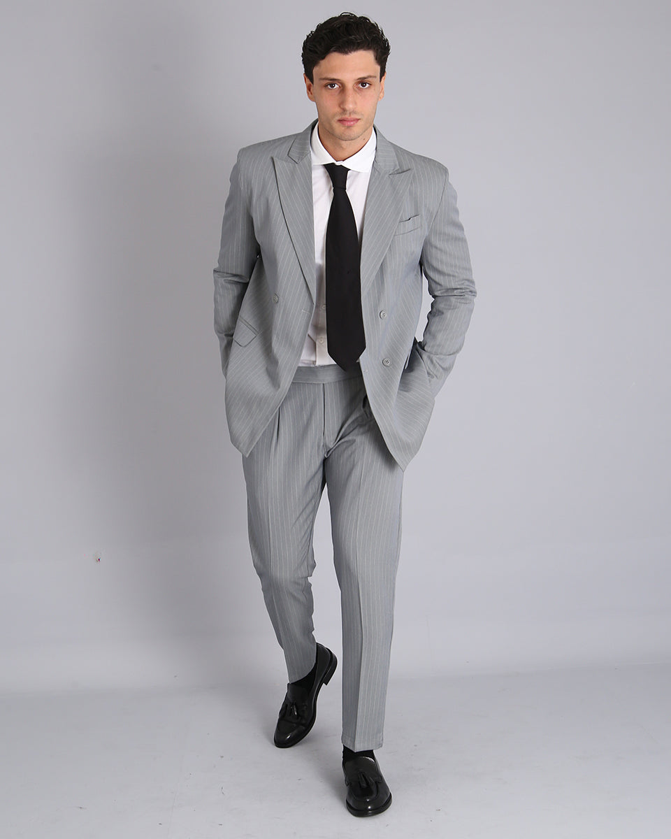 Double-breasted Tailored Suit Grey Pinstripe